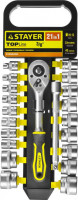 Набор STAYER «Standard»: Торцовые головки, биты-головки (1/4") на пластик рельсе, трещотка, удл-тель, 4-13мм, 28 пр.
