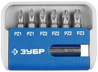 Набор ЗУБР Биты «Мастер» с магнитным адаптером, хромомолибденовая сталь S2, PZ1(2шт), PZ2(3шт), PZ3(1шт), 7 пред