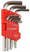 Набор ЗУБР Ключи «Мастер» имбусовые короткие, Cr-V, сатинированное покрытие, пластик. держатель, HEX 1,5-10 мм, 9 пред
